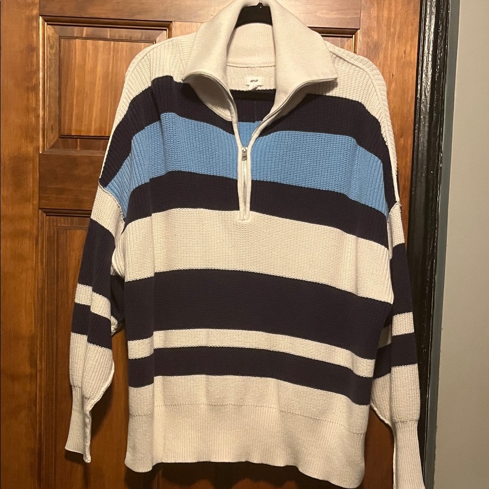 Aerie woman’s sweater.  Half zip.  Navy blue, ivory and powder blue stripes